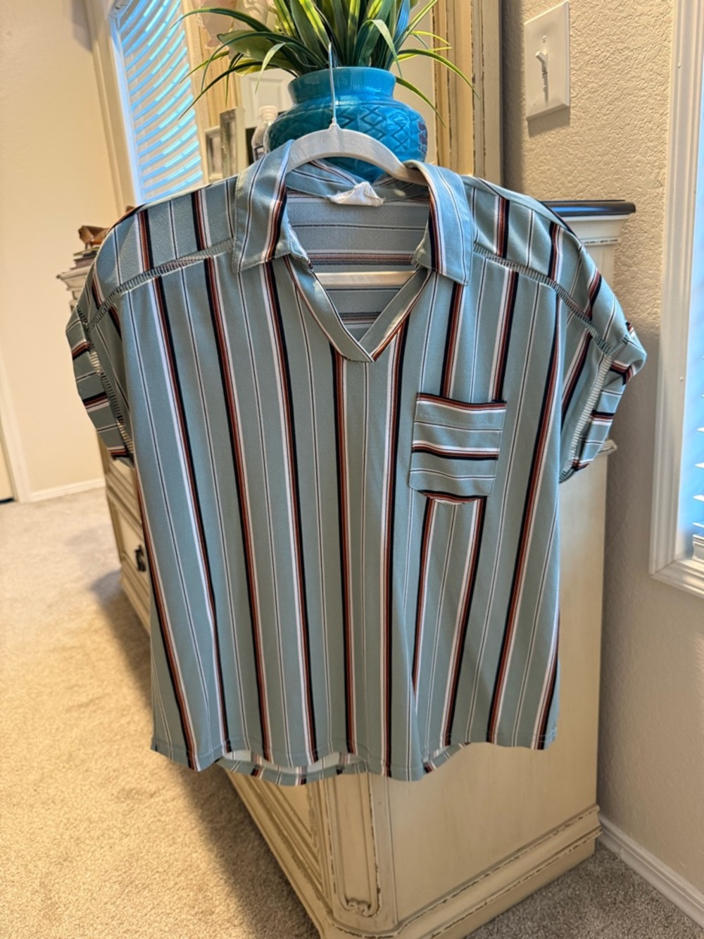 Women's Striped Short-Sleeve Blouse in Sage Green